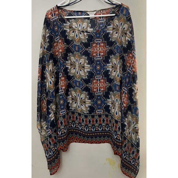 Ariat Blouse Top Womens XL Blue Geometric Aztec Sheer Poncho Cover Up chiffon - Picture 5 of 5